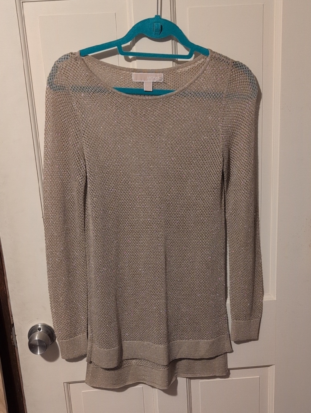 Michael Kors Metallic Taupe Open-Knit Crewneck Sweater